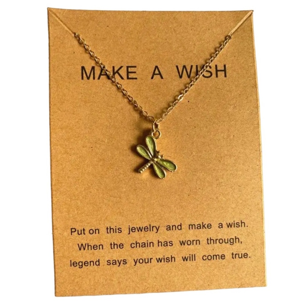 Green Dragonfly necklace & card Make a Wish Jewelry